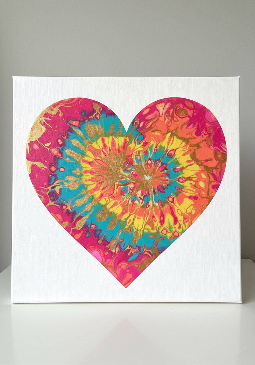 Finished cling wrap heart painting with vibrant tie-dye swirled colors and marbled effect