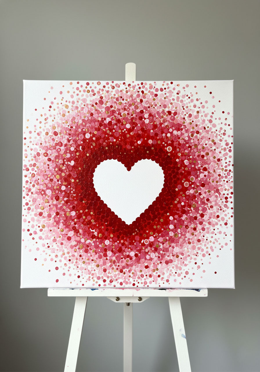 Finished cotton swab heart painting with ombré gradient starburst dots and negative space design