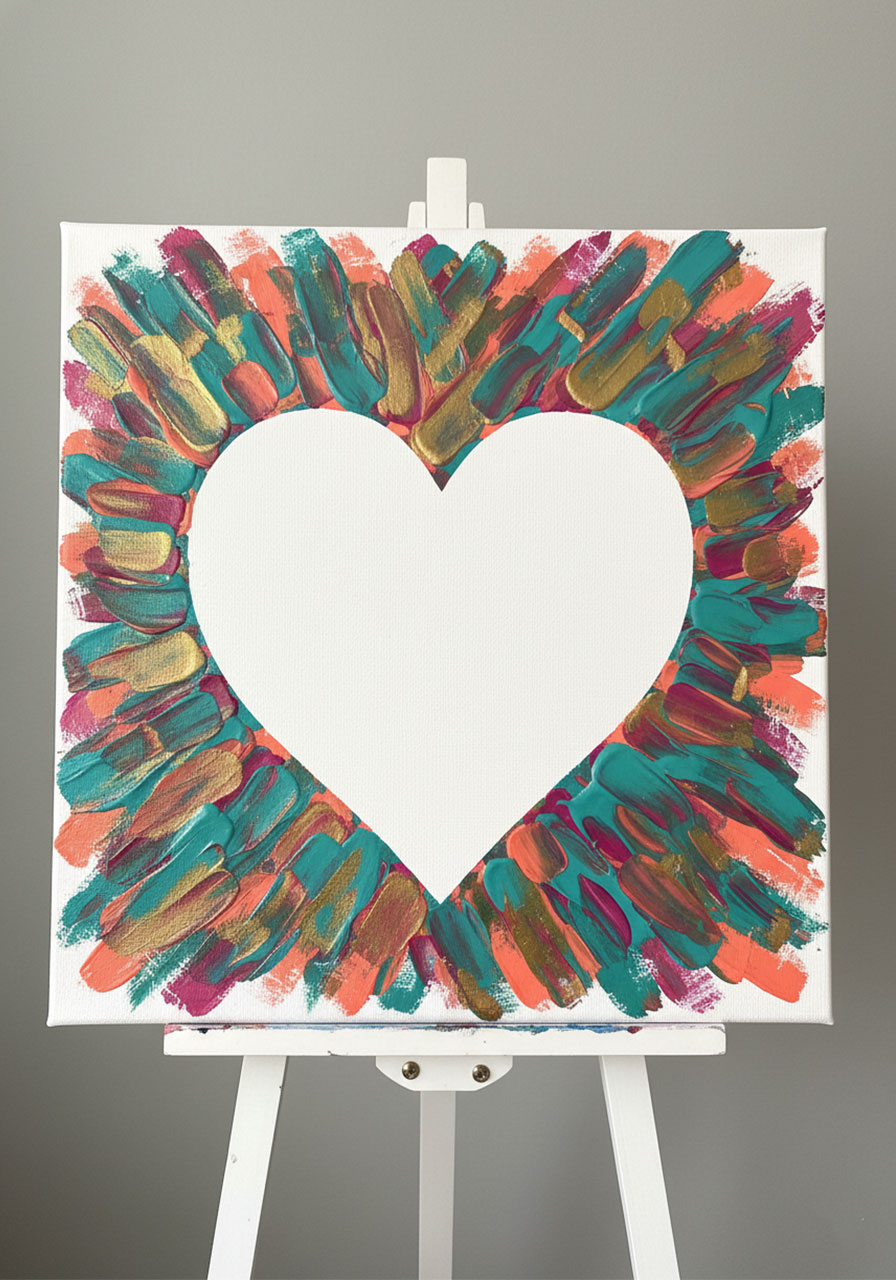 Finished credit card heart painting on canvas with colorful streaked texture and rustic wood grain effect