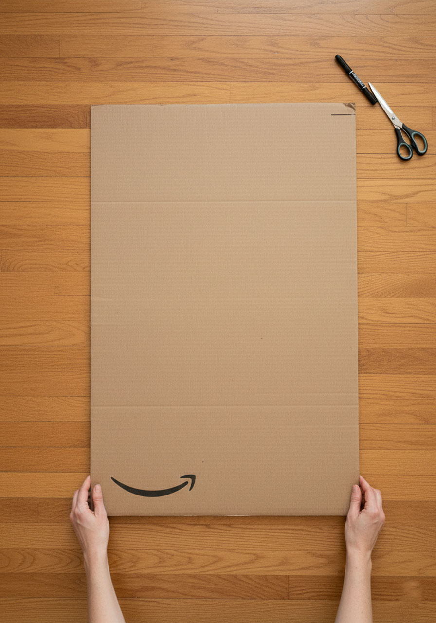 Flattened large cardboard box with tabs removed for DIY car ramp STEM project