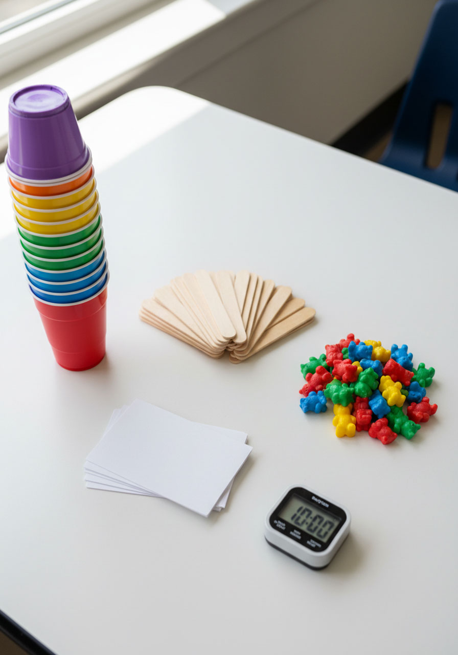 Complete materials needed for Floor is Lava STEM challenge including plastic cups, popsicle sticks, index cards, and counting bears for kindergarten