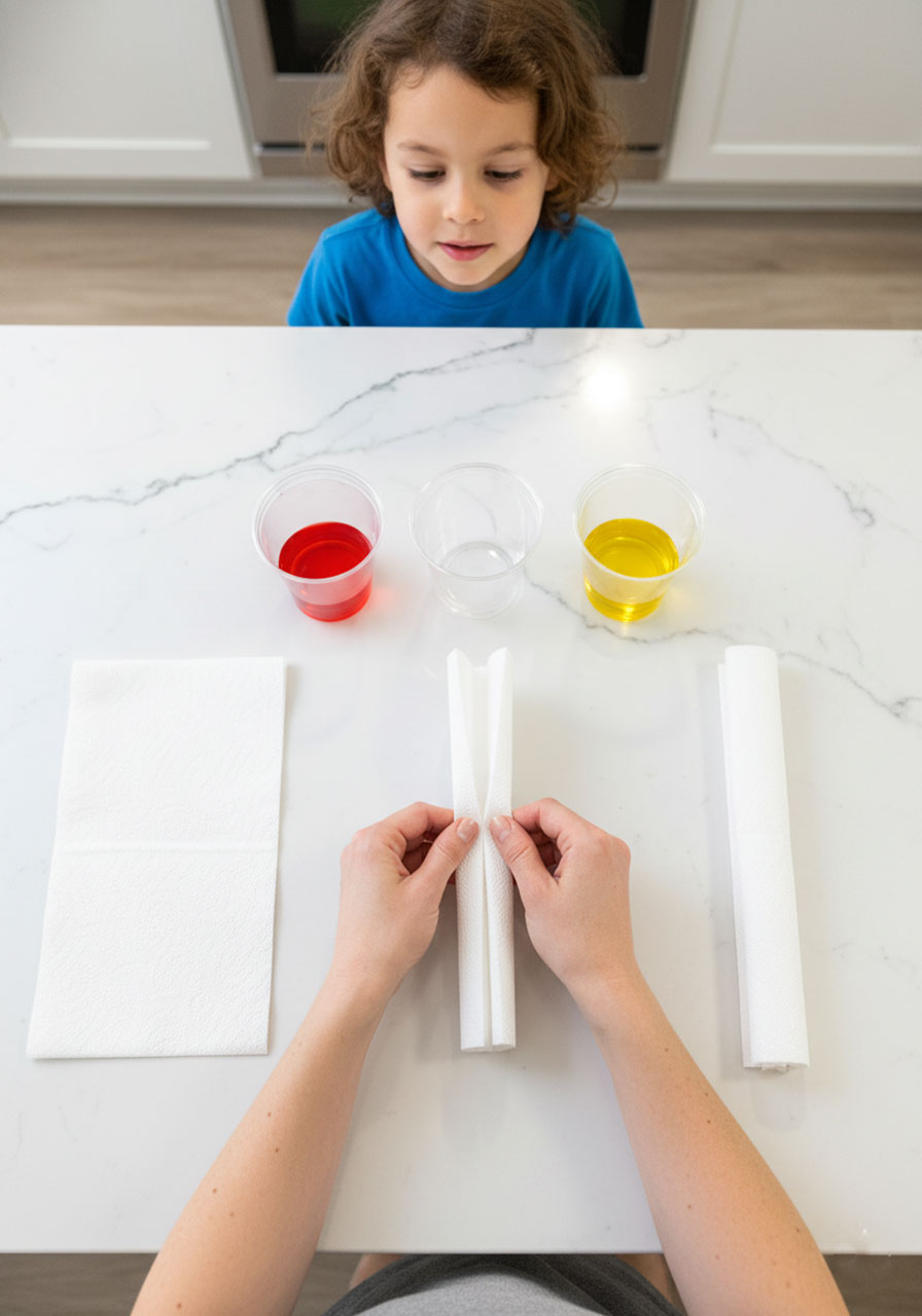 Hands demonstrating how to fold paper towel lengthwise into narrow strip for walking water science experiment bridges