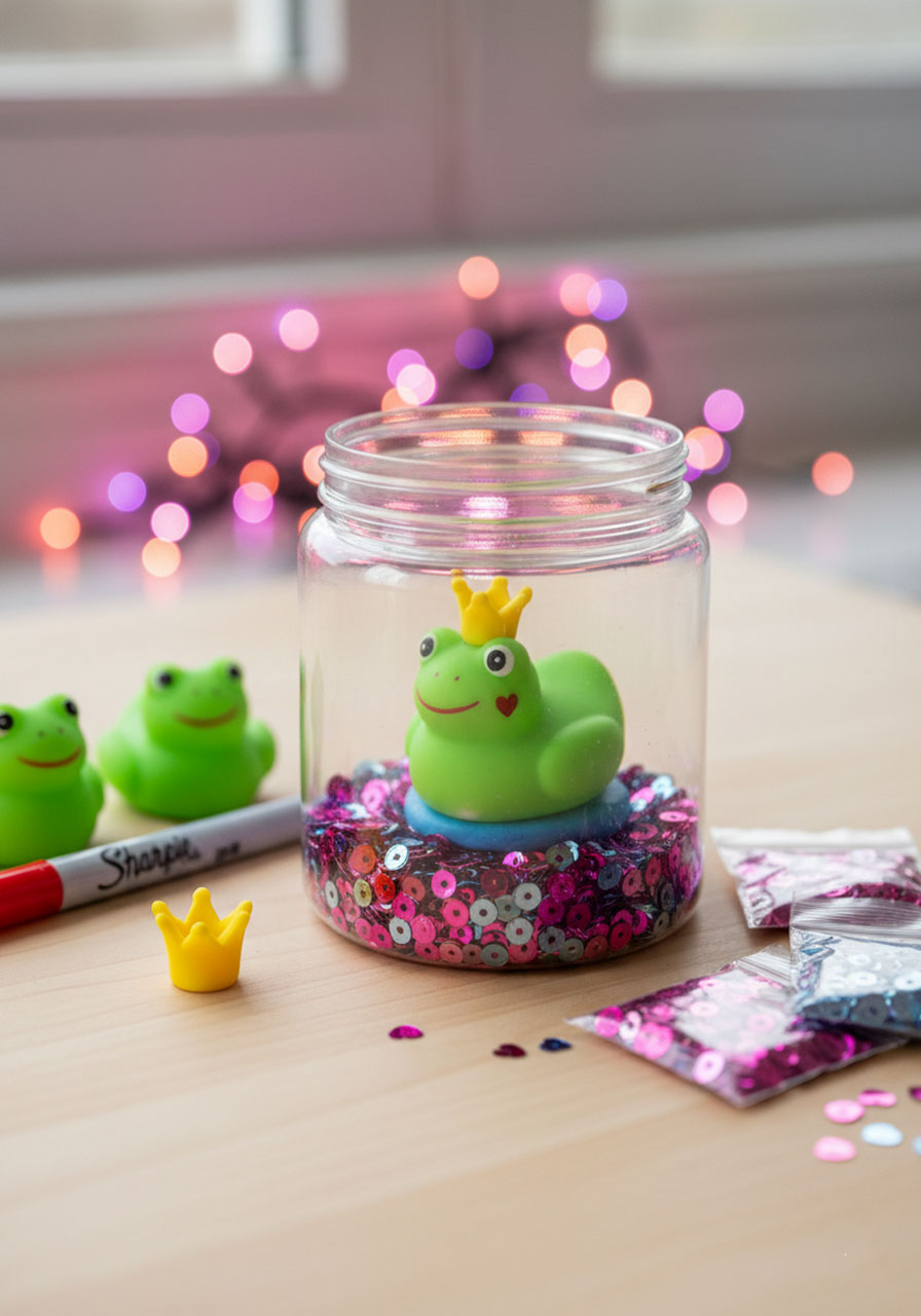 Homemade frog prince snow globe Valentine's gift in plastic jar with sequins and confetti, kid-friendly craft project