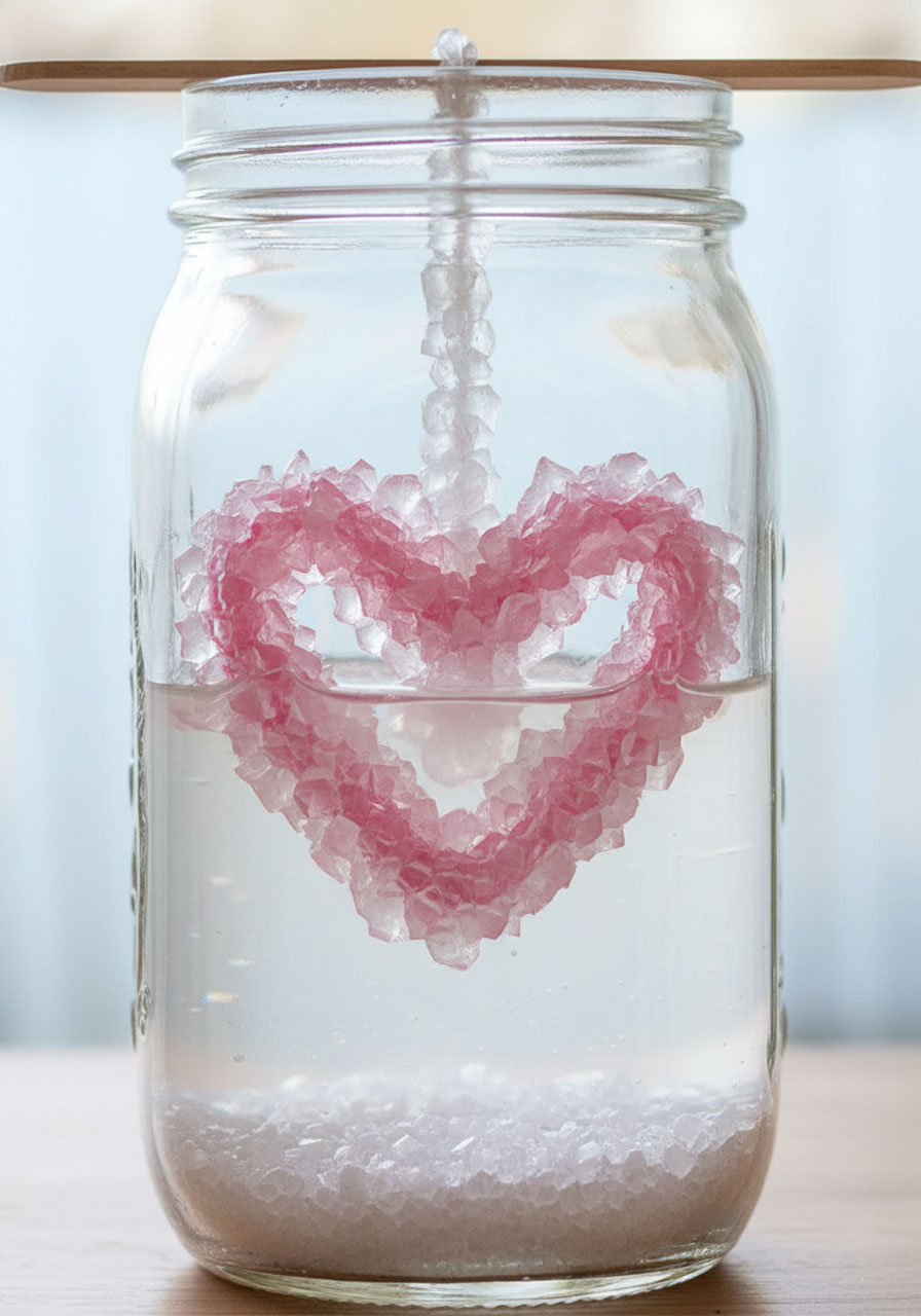 Completed crystal-covered heart after 24 hours in borax solution showing thick pink crystal formation