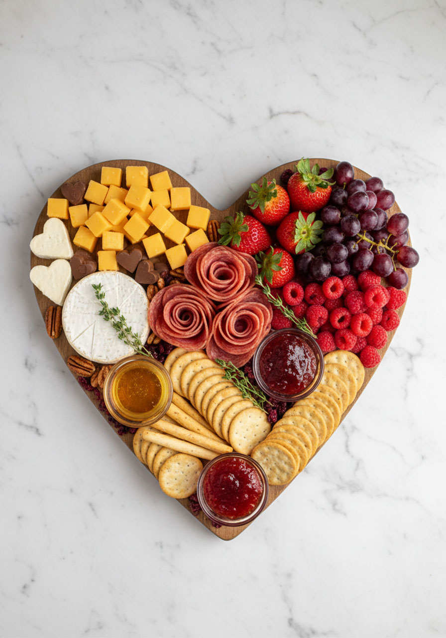 Heart-shaped Galentine's Day grazing board with cheese, meats, fruits, and chocolate for party appetizers