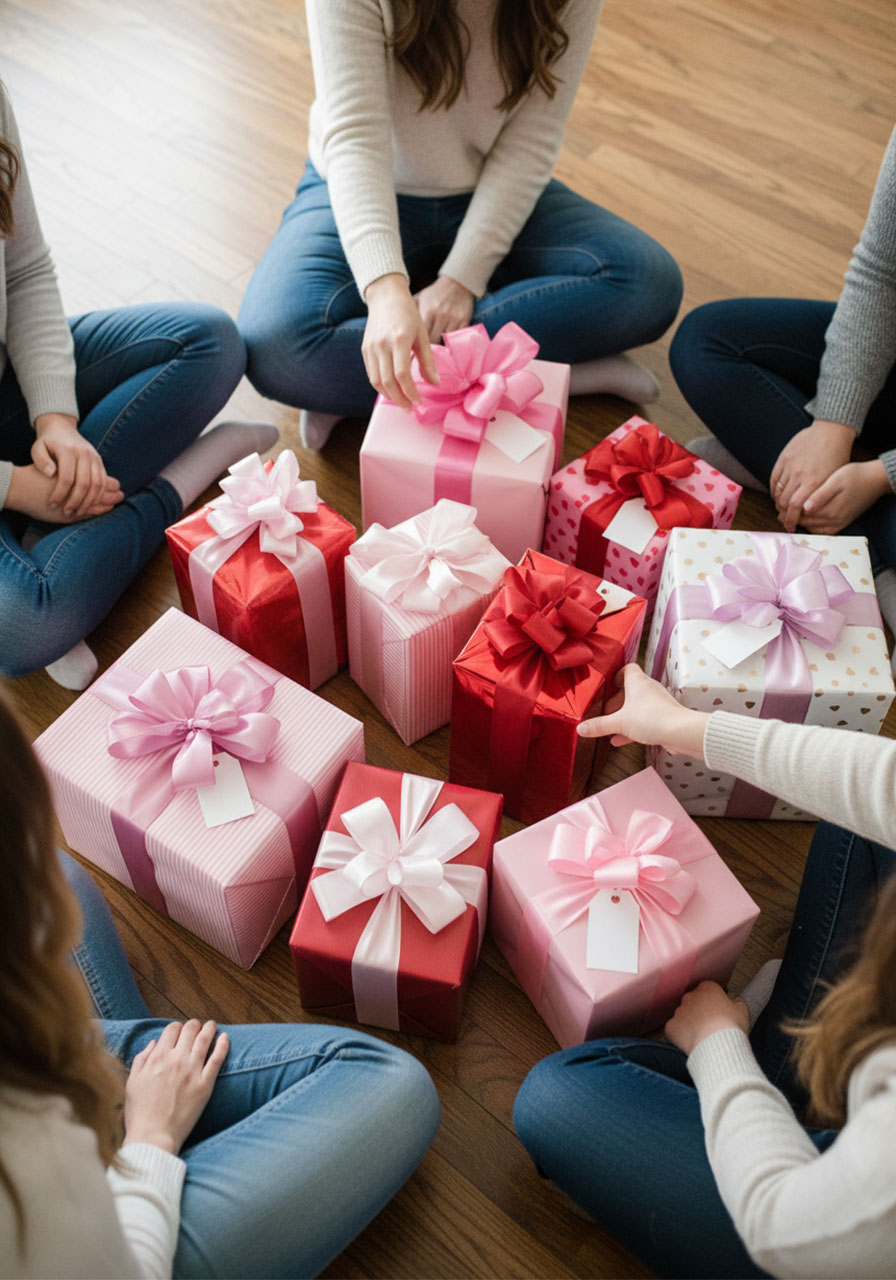 Favorite Things gift exchange with wrapped presents for Galentine's Day party activity