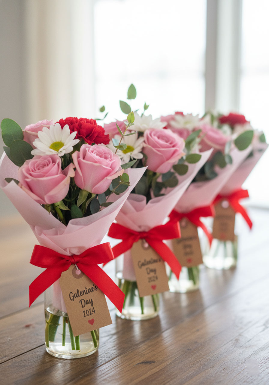 Mini flower bouquets wrapped in pink tissue paper as Galentine's Day party favors for guests