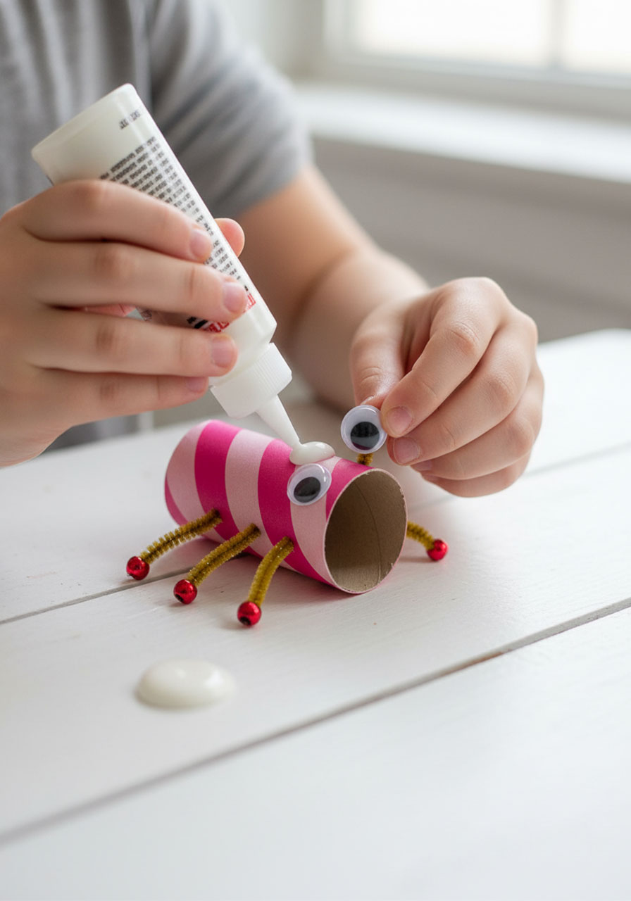 Child applying glue to googly eyes before attaching them to decorated toilet roll love bug craft