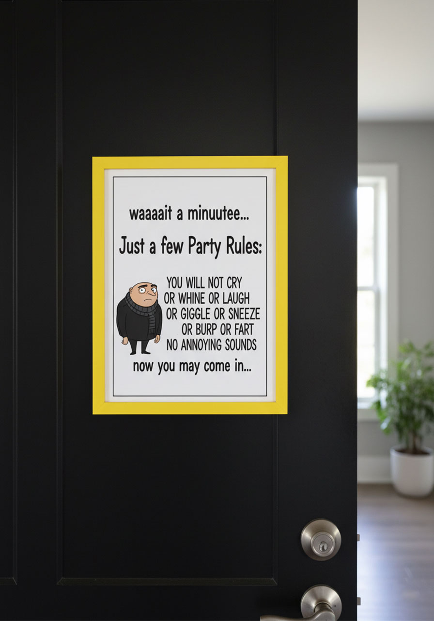 Funny Gru party rules sign in yellow frame with no annoying sounds list for Minions birthday party