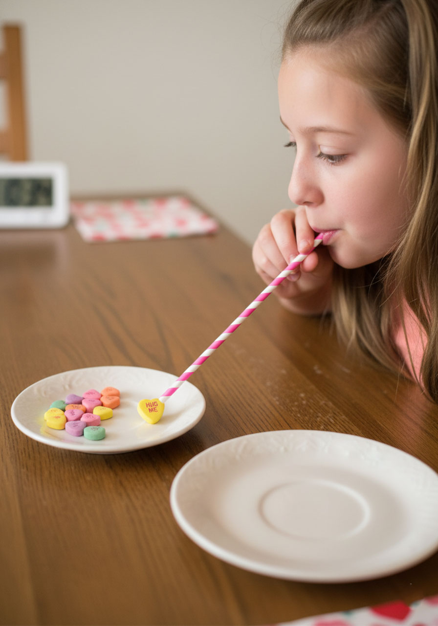 Have a Heart straw transfer game with girl using suction to move conversation hearts between plates