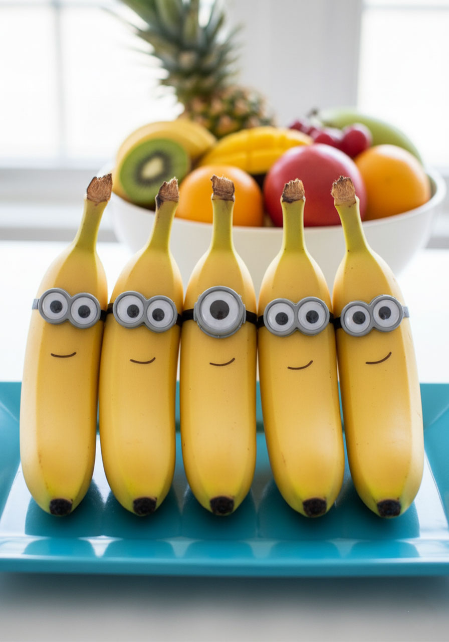 Creative healthy banana Minions snack decorated with candy eyes and edible markers for kids party