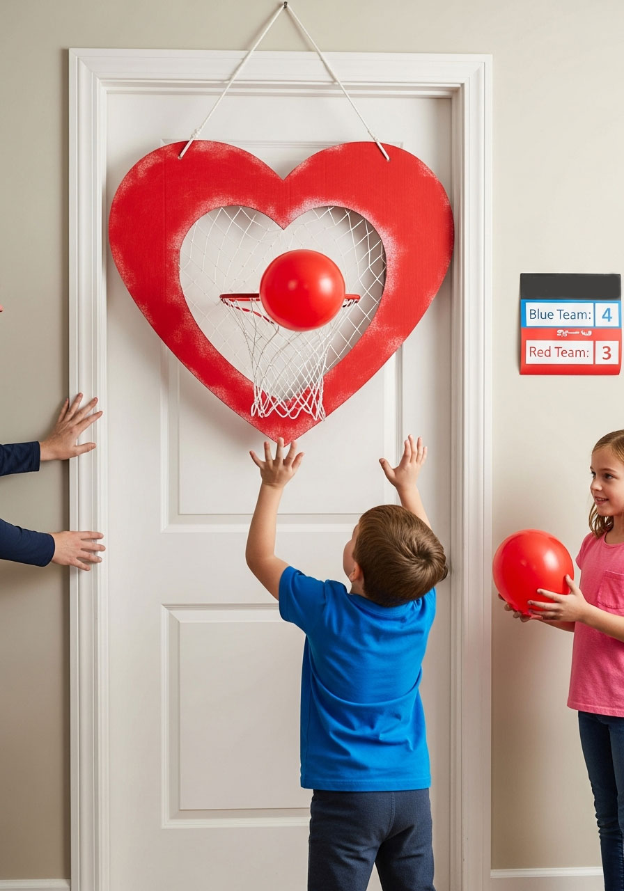 Child batting red balloon through hanging heart-shaped cardboard hoop in Valentine basketball game