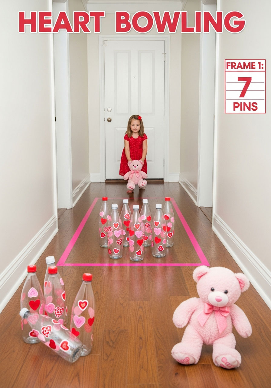 Child preparing to bowl with stuffed animal toward water bottles decorated with hearts in Valentine bowling game