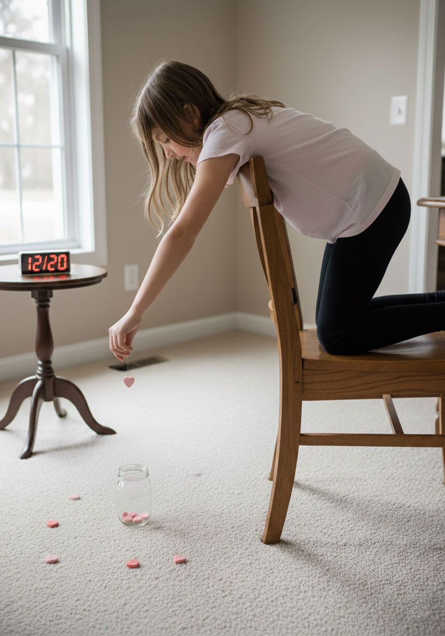 Girl kneeling backwards on chair dropping conversation hearts into jar below in Valentine precision game