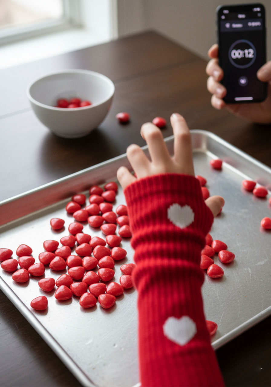 Child wearing sock on hand grabbing heart candies in timed Valentine party challenge game