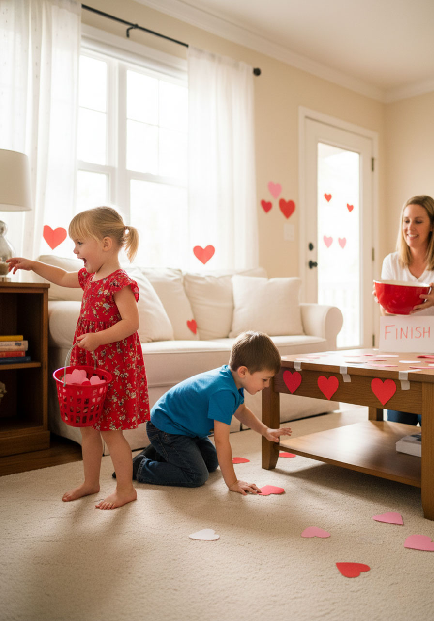 Children collecting hidden paper hearts throughout room using baskets in Valentine treasure hunt game