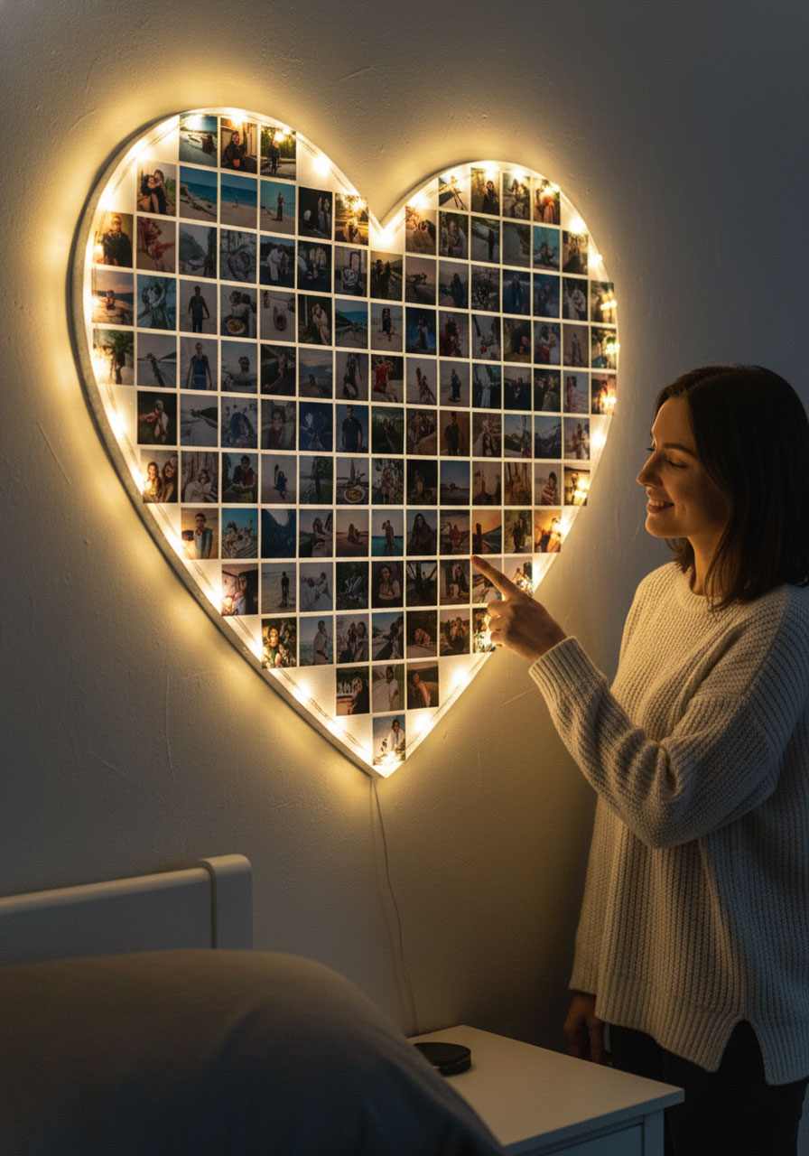 Heart-shaped lighted photo frame wall art with LED lights displaying couple memories as romantic Valentine's gift for him