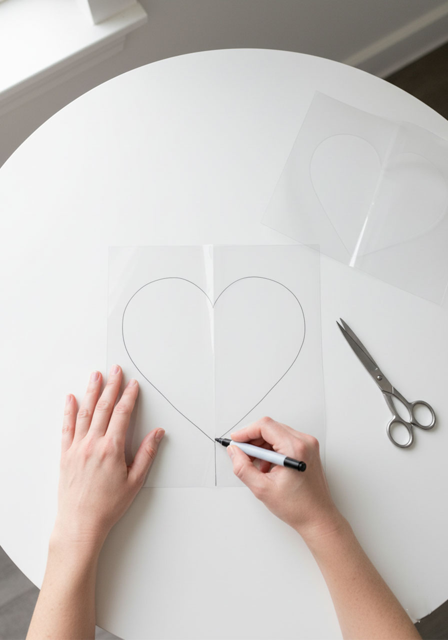 DIY heart stencil tutorial using contact paper for canvas painting showing folded paper and scissors