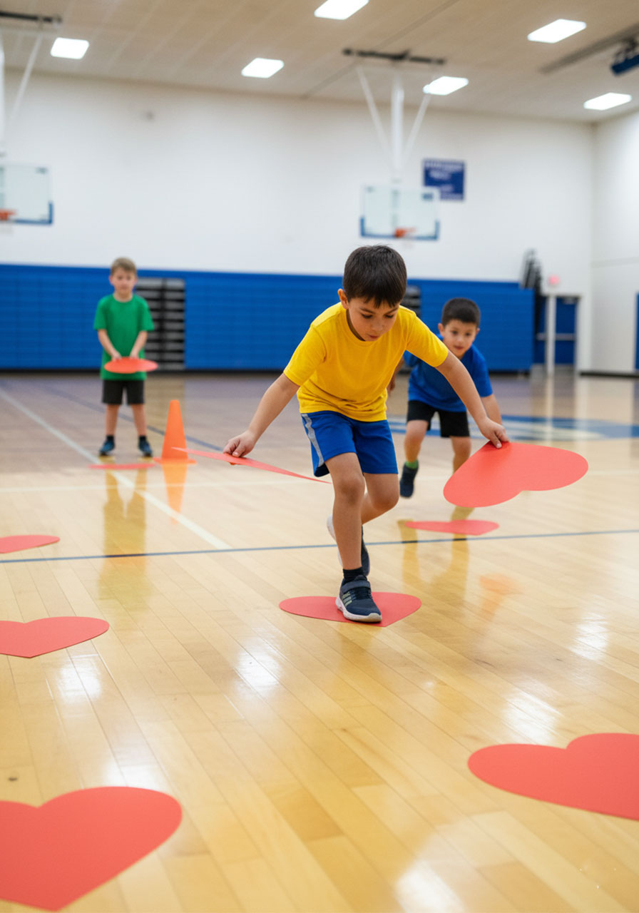 Boy stepping on paper heart while placing second heart ahead in Valentine relay race