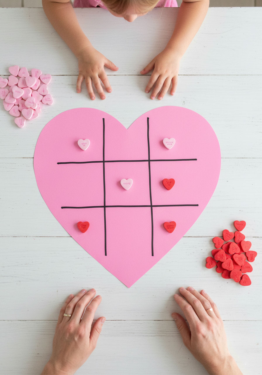 Heart-shaped Tic-Tac-Toe board with conversation heart candy pieces in Valentine table game