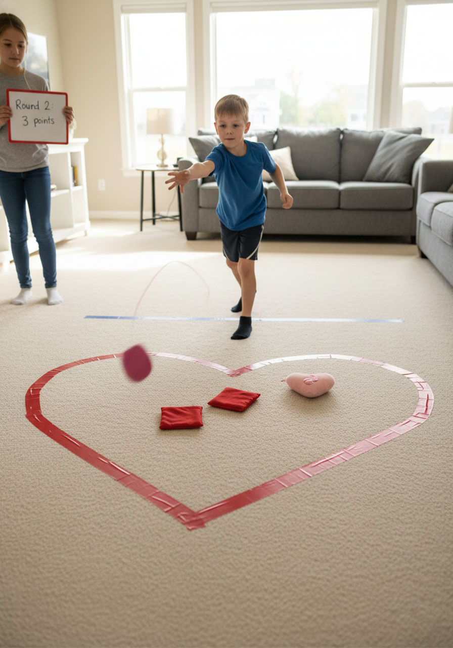 Boy throwing bean bag toward large heart outline taped on floor in Valentine tossing game