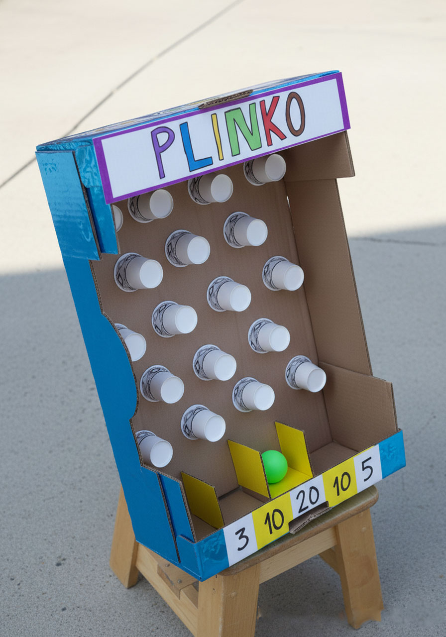 Complete DIY plinko board carnival game made from cardboard box with paper cups and numbered prize compartments at bottom