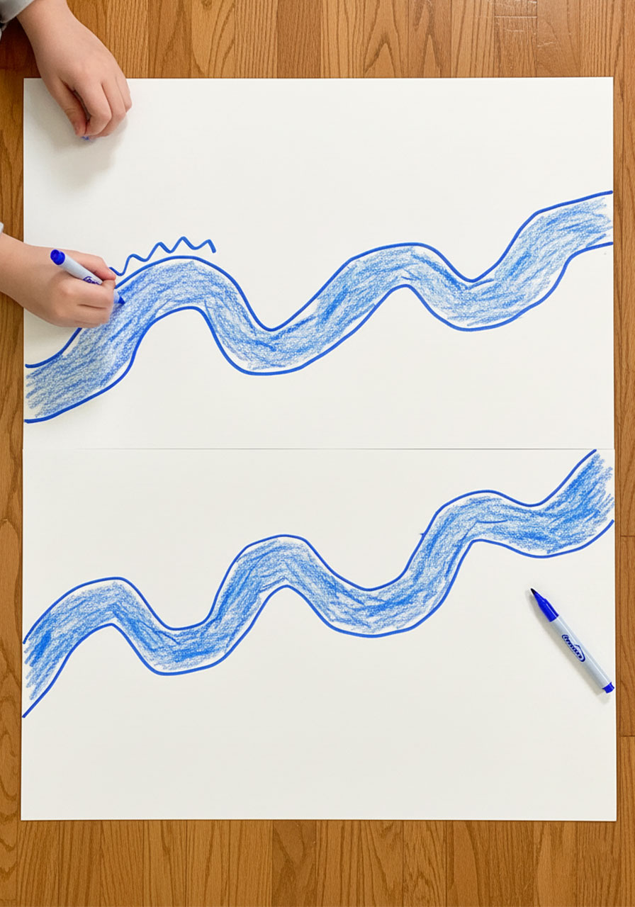 DIY poster board river setup with blue marker drawn water for LEGO bridge building challenge activity