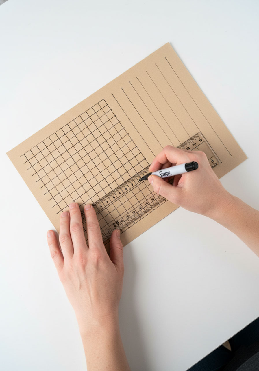 Adult drawing waffle cone grid pattern on beige cardstock with black marker and ruler for preschool ice cream sharing game