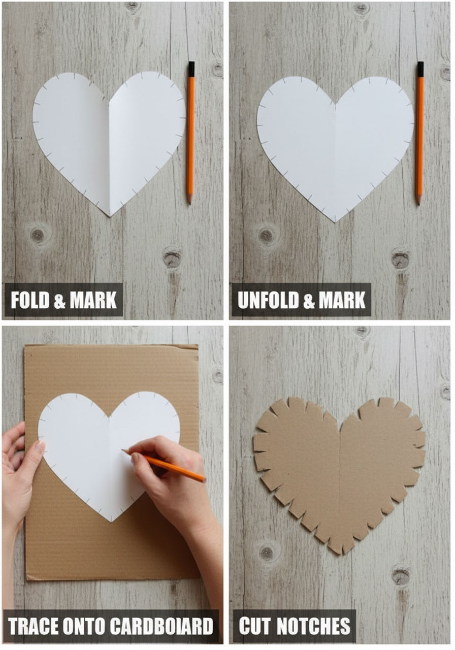 Step-by-step photo tutorial showing how to create paper heart template and transfer notch marks to cardboard for string art