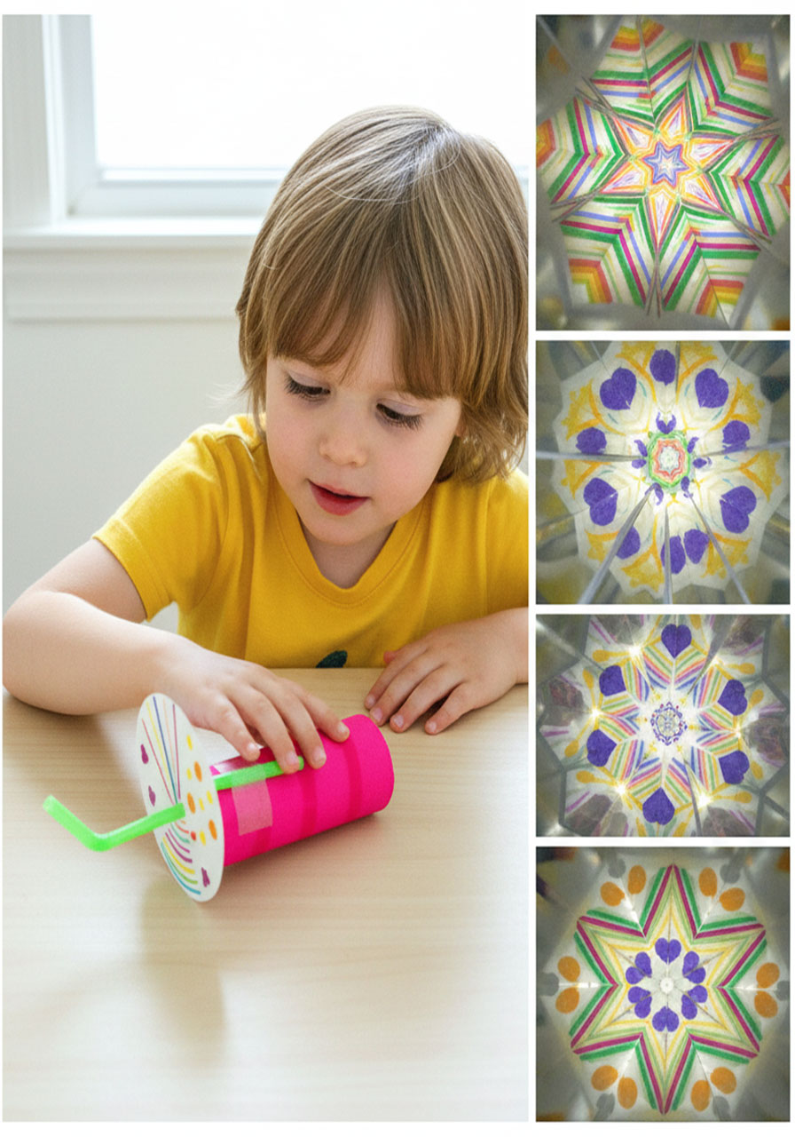 Finished DIY kaleidoscope craft for kids showing pink cardboard tube with decorated circle and three kaleidoscopic pattern views