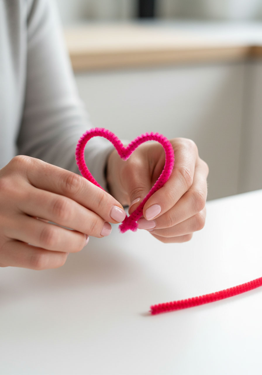 Hands shaping pink pipe cleaner into heart form for Valentine's Day crystal science experiment