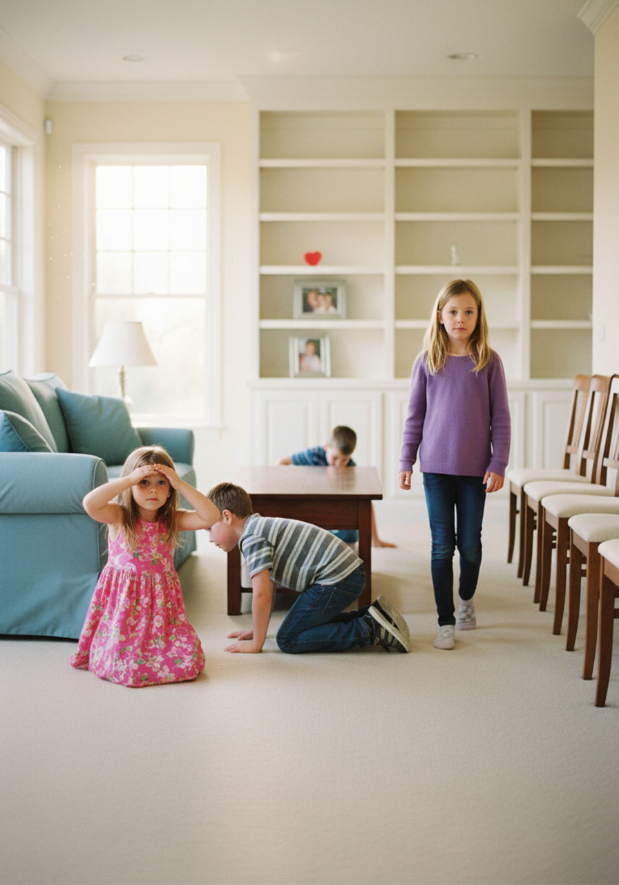 Children searching for hidden heart in living room while one child who found it walks toward chairs