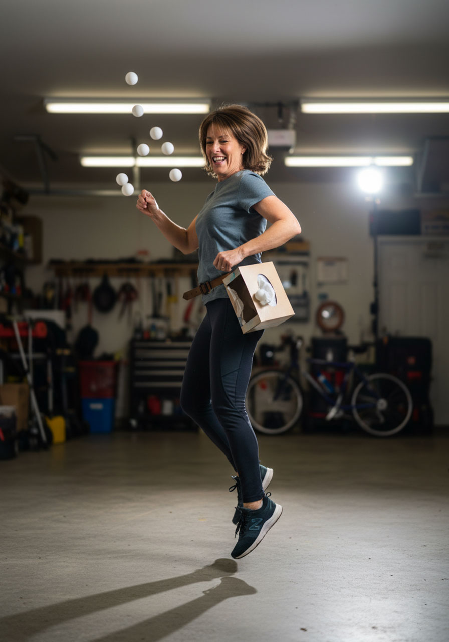 Mom dancing wildly to shake ping pong balls from a tissue box tied to her waist in the hilarious Junk in the Trunk game.