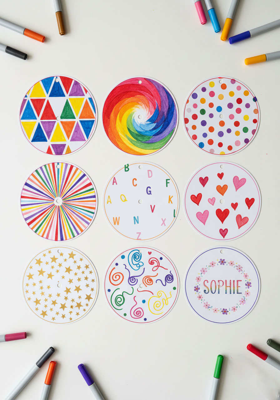 Nine different decorated circle design ideas for kaleidoscope including geometric patterns, spirals, letters, and doodles