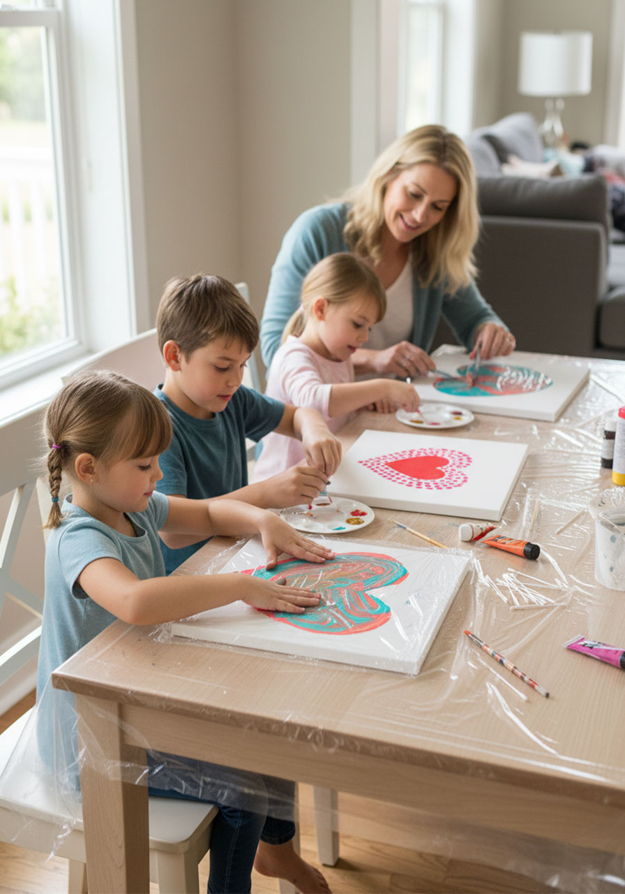 Kids and adults creating heart canvas paintings together as fun family art activity