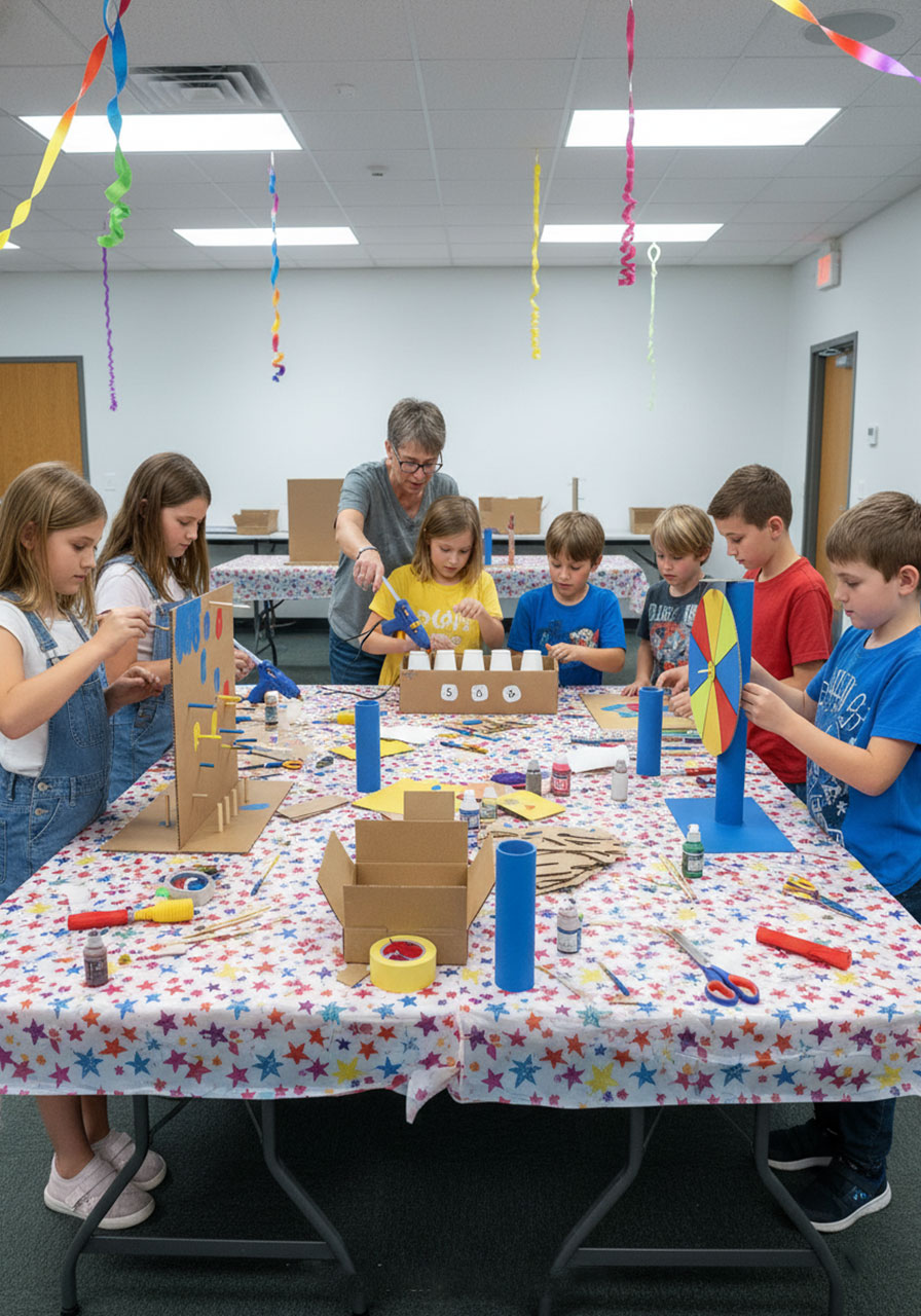 Group of children working together building DIY cardboard carnival games at party or classroom with multiple game stations and craft supplies