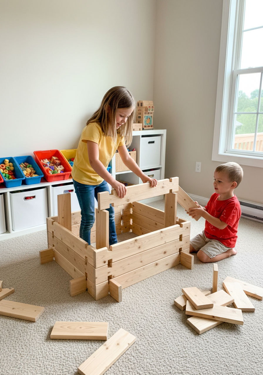 Children actively building structures with DIY wooden building blocks showing cooperative play