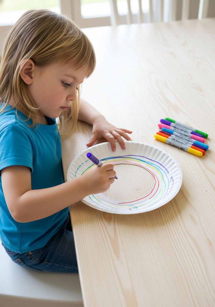 Young girl using colorful markers to decorate white paper plate kite at table during summer craft activity