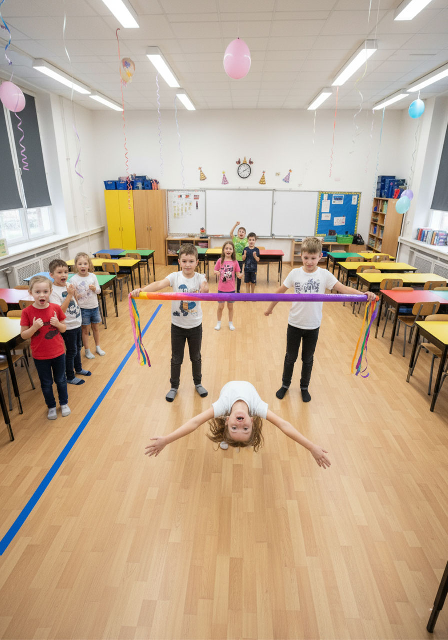 Kids playing limbo challenge at elementary school party with inflatable pole and children waiting in line - fun indoor game for room moms