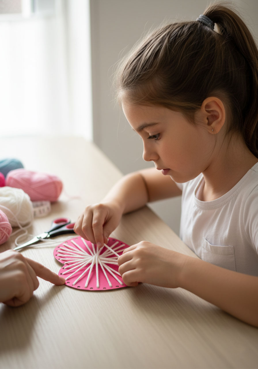 Young girl sitting at craft table making cardboard heart string art with yarn, showing kid-friendly Valentine's Day activity