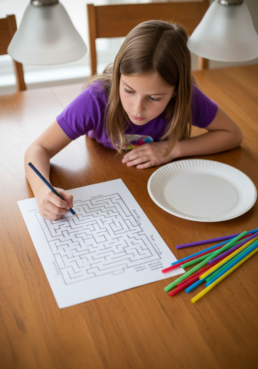 Child sketching blueprint design for paper plate maze STEM challenge before building