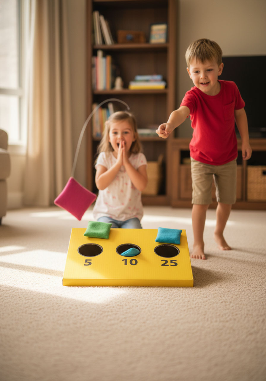 Young children playing DIY cardboard bean bag toss game with colorful felt bean bag mid-throw toward holes in yellow board