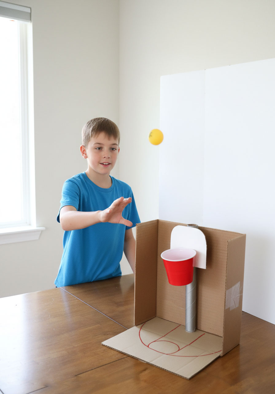 Young boy playing DIY cardboard ping pong basketball game with ball frozen mid-flight toward red cup hoop target