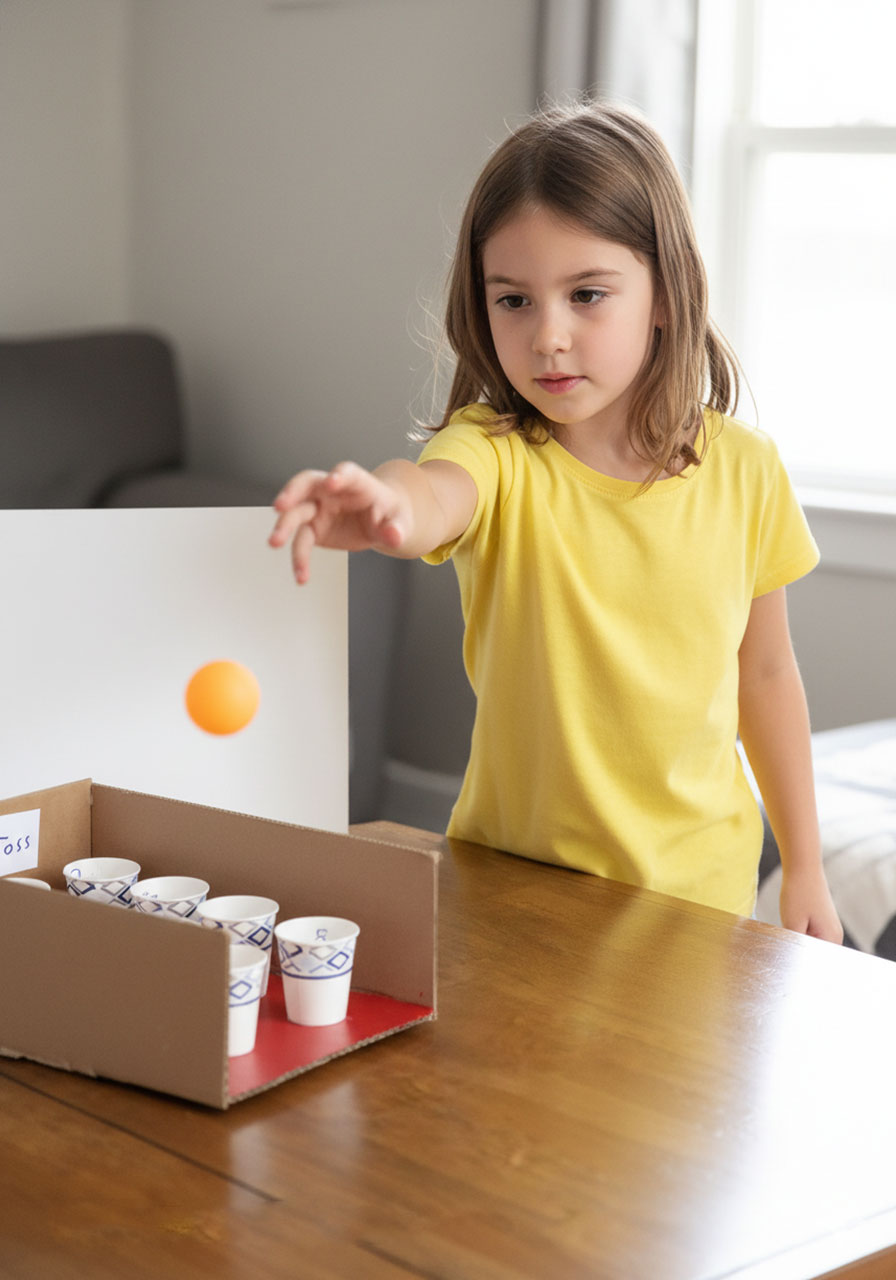 Child playing DIY cardboard cup toss game with ping pong ball captured mid-flight in bounce shot toward numbered cups