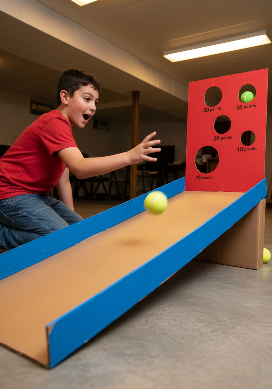 Child playing DIY cardboard skee ball game with tennis ball rolling up ramp toward scoring holes captured mid-action