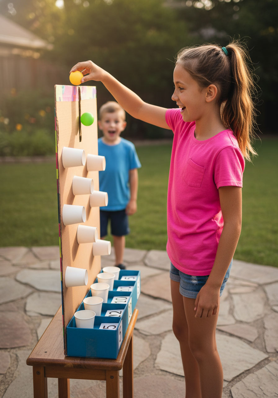 Children playing homemade cardboard plinko game with ball dropping and bouncing between paper cups toward prize compartments