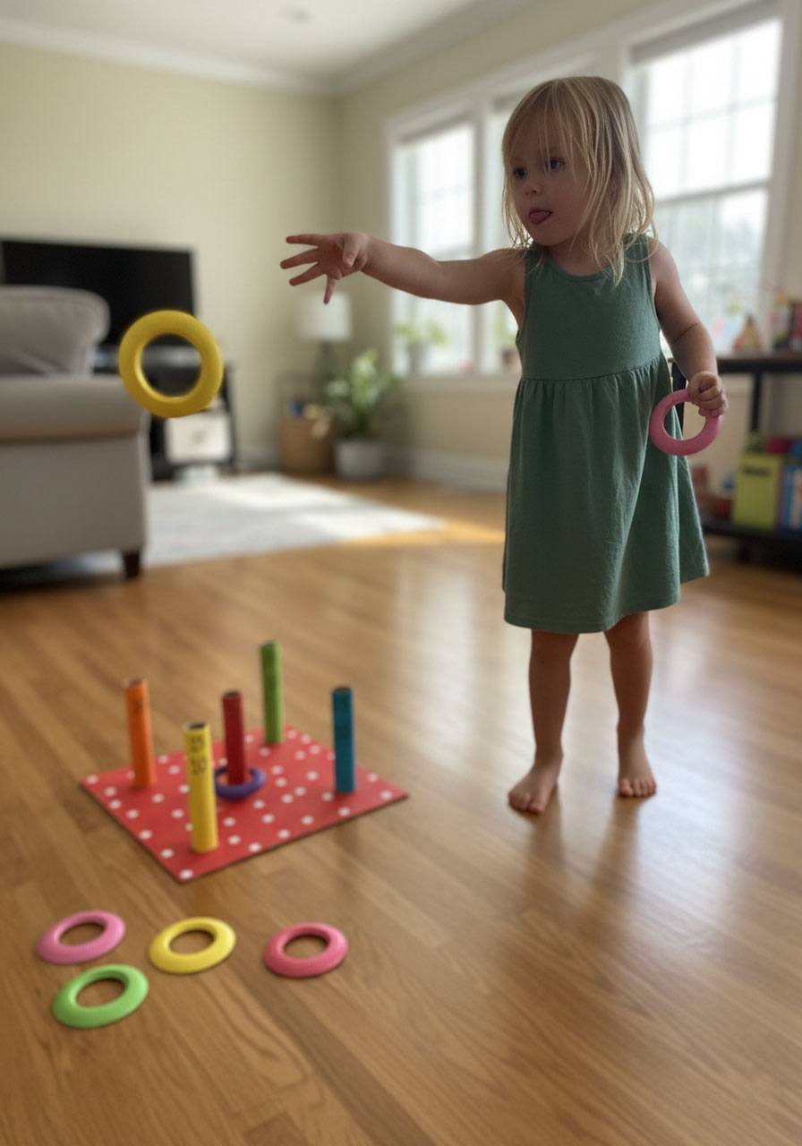 Young girl playing DIY cardboard ring toss game with paper plate ring frozen mid-flight toward colorful post targets