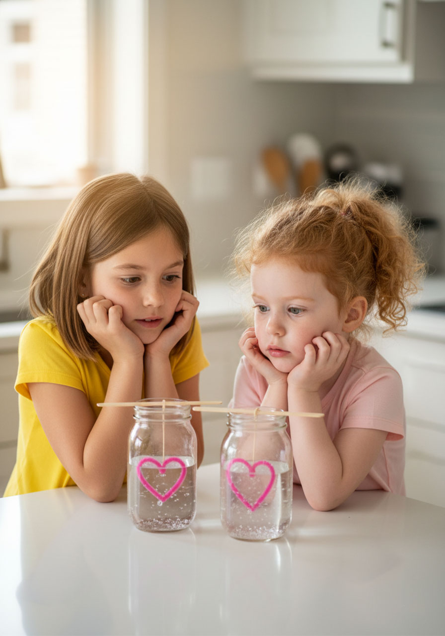 Two young girls watching their Valentine's Day crystal hearts form in mason jars with fascinated expressions during science experiment