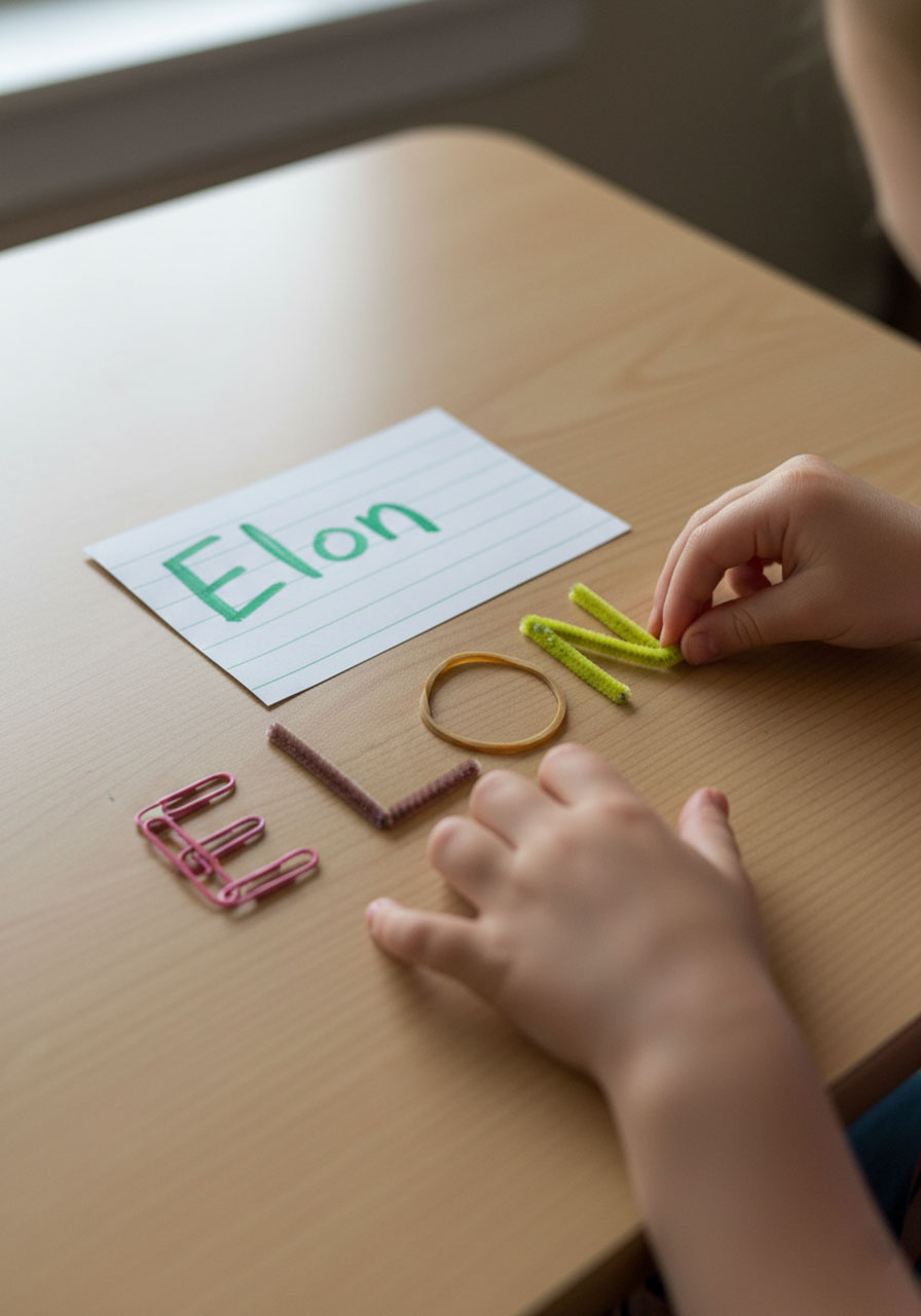 Kindergarten student using craft materials including paper clips, pipe cleaners and rubber bands to build the name Elon letter by letter on table
