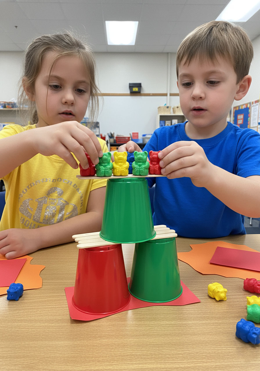 Two kindergarten students collaborating to build cup and popsicle stick structure to rescue counting bears from lava in STEM challenge